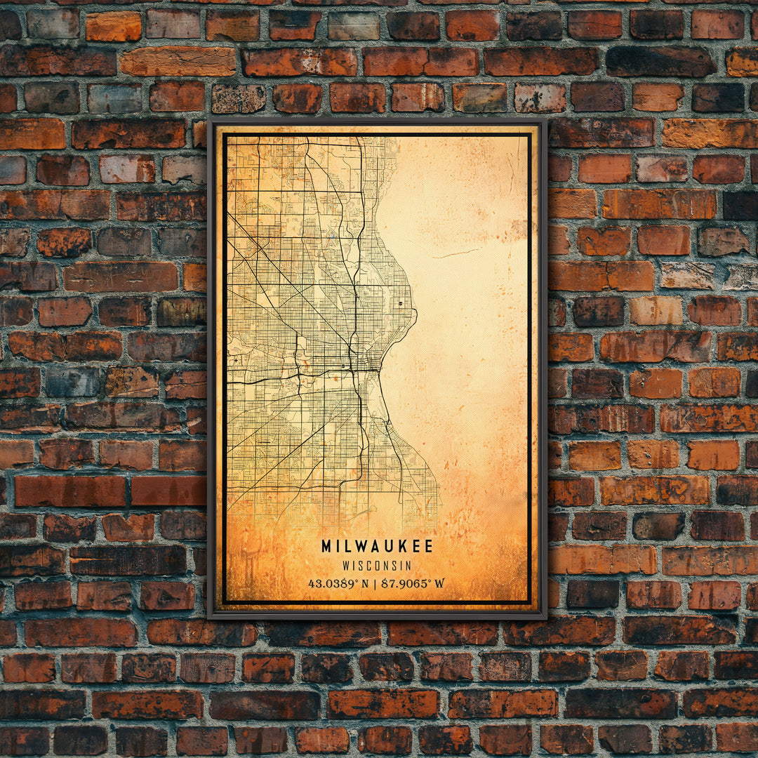 Milwaukee Wisconsin Street Map Wall Art, Framed Canvas Print, Wisconsin Map Print Poster and Canvas, Milwaukee City Office Wall Art