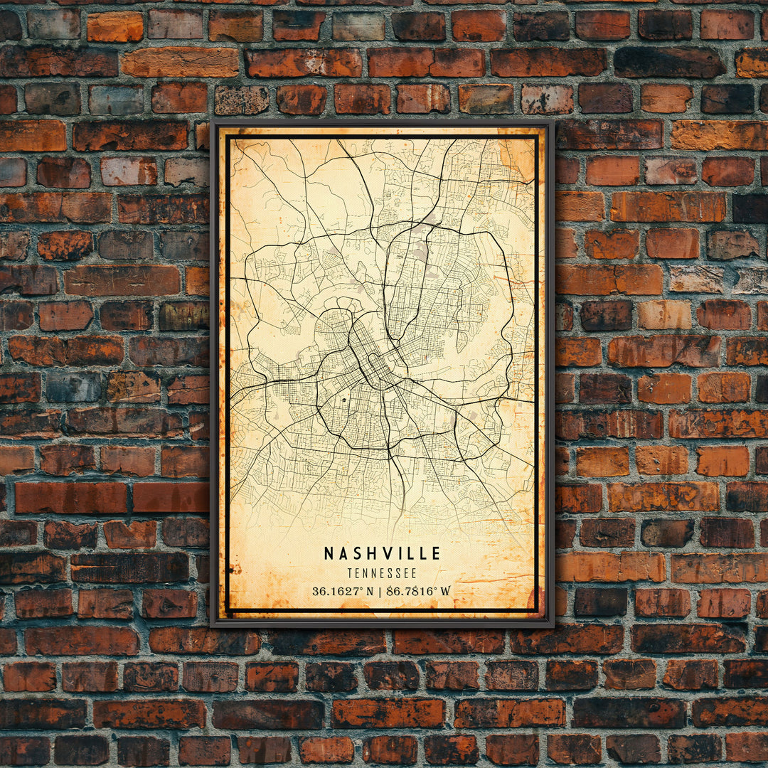 Nashville Map Print, Framed Canvas Wall Art, Tennessee Street Map Art, Davidson City Street Road Map Wall Decor