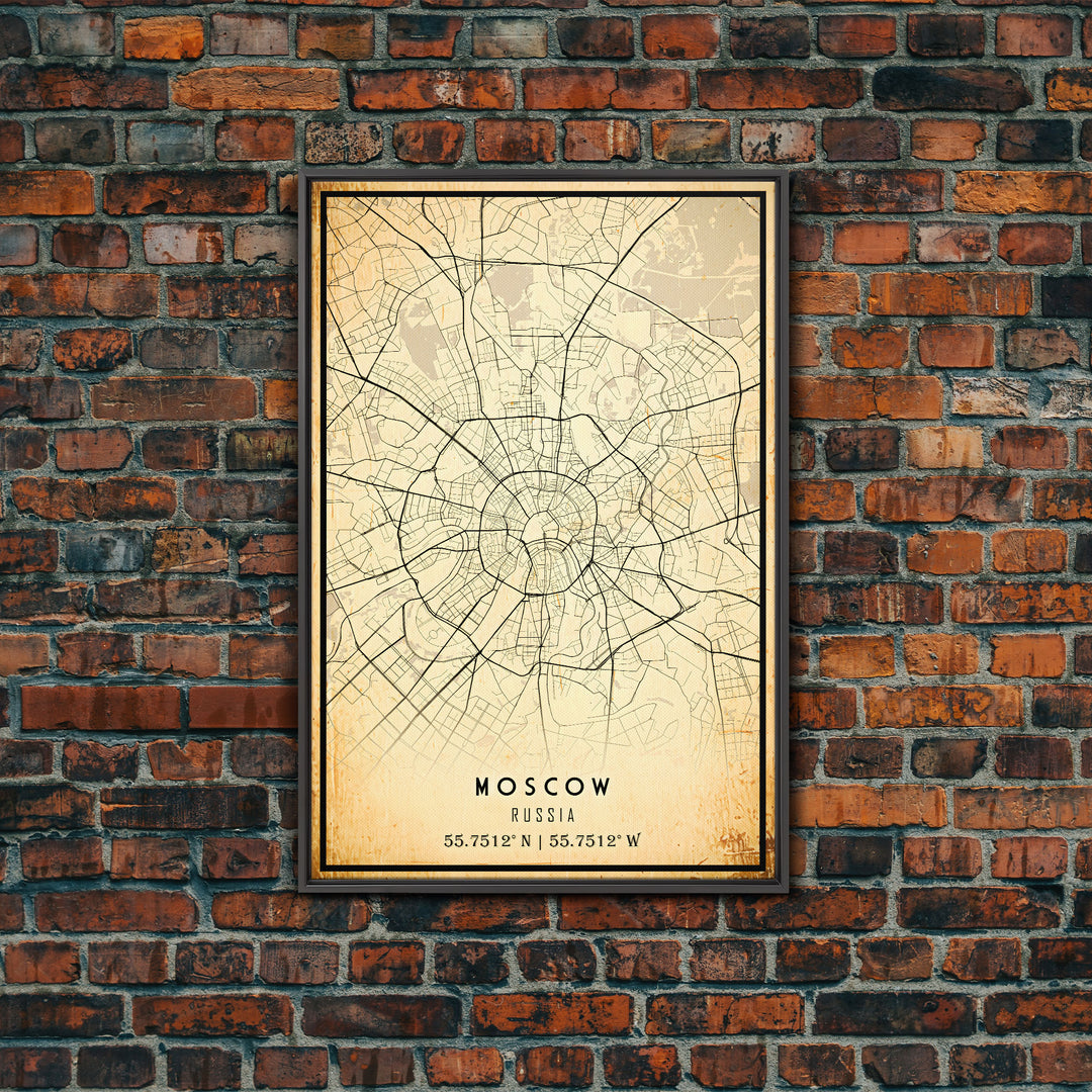 Vintage Style Moscow City Map Wall Art Canvas Print, Distressed Moscow Russia Map, Framed Wall Art, Cool Moscow Travel Wall Art, Office Art