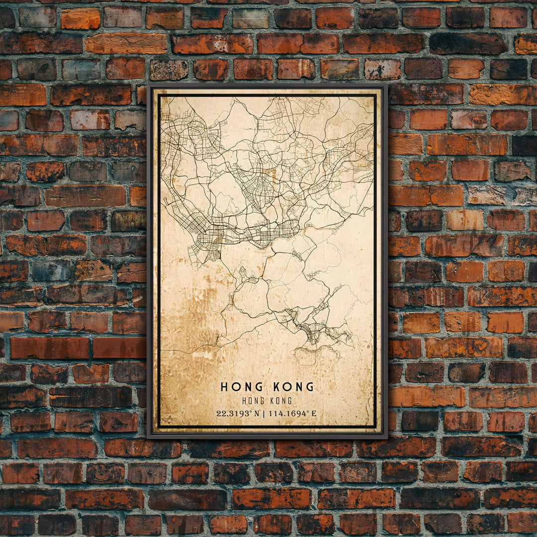 Vintage Hong Kong City Map Wall Art Canvas Print, Distressed Hong Kong Map, Framed Wall Art, Cool Hong Kong Travel Wall Art, Office Art