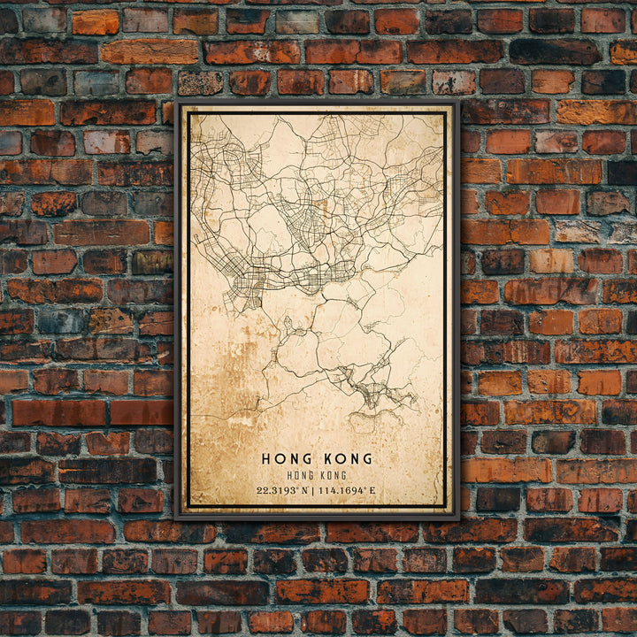 Vintage Hong Kong City Map Wall Art Canvas Print, Distressed Hong Kong Map, Framed Wall Art, Cool Hong Kong Travel Wall Art, Office Art