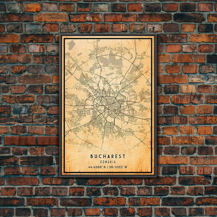 Vintage Style Bucharest City Map Wall Art Canvas Print, Distressed Bucharest Map, Framed Wall Art, Cool RomaniaTravel Wall Art, Office Art