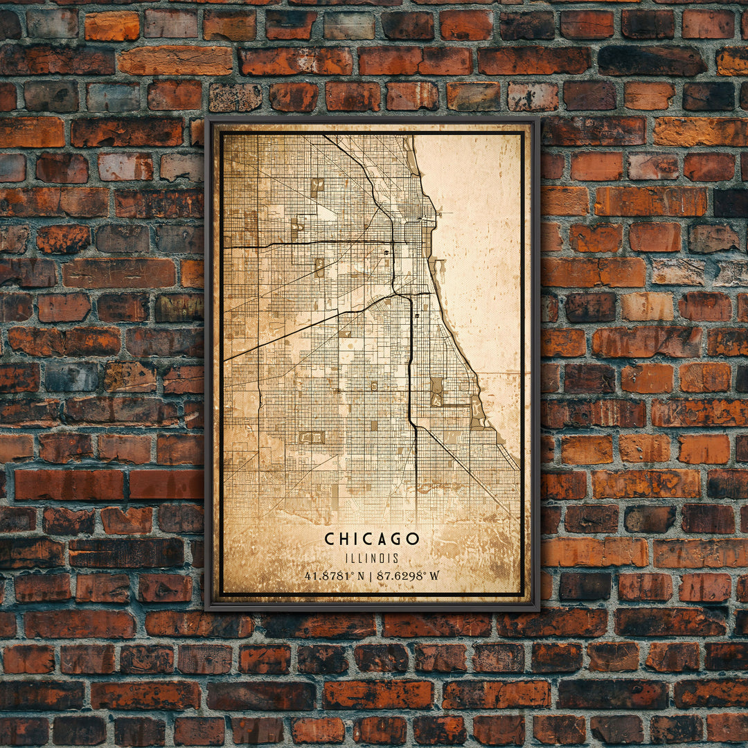 Distressed Chicago map print poster or framed canvas, Illinois road map print poster canvas, Chicago city map print poster canvas