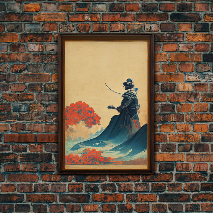 Samurai and Japanese Maple Tree Portrait, Framed Canvas Print, Ready To Hang Framed Wall Art