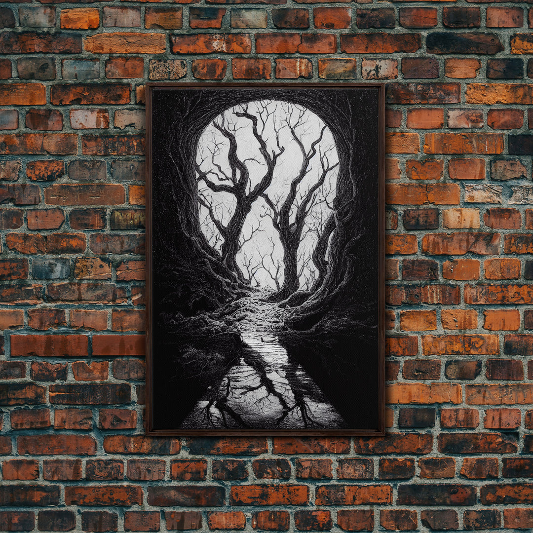 Spooky Haunted Halloween Forest, Black and White Art, Framed Canvas Print, Ready To Hang Framed Wall Art, Living Room Wall Hanging