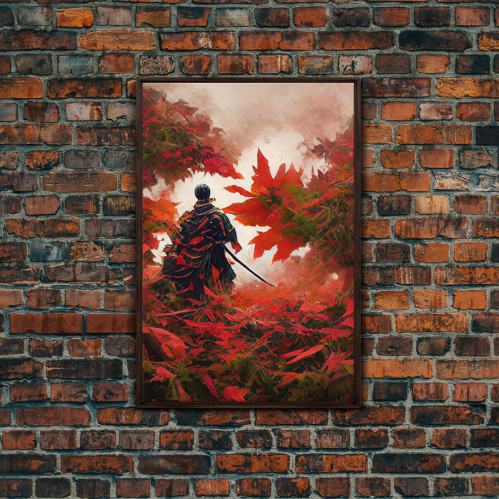 Samurai In a Japanese Maple Forest, Framed Canvas Print, Ready To Hang Framed Wall Art, Living Room Wall Hanging