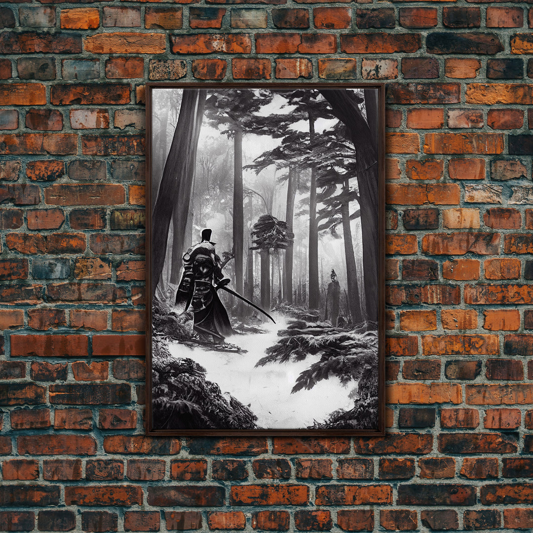 The Duel, Samurai Facing Off In The Forest, Black And White Art Framed Canvas Print, Ready To Hang Framed Wall Art, Living Room Wall Hanging