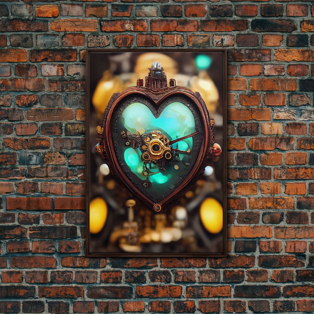 Steampunk Heart, Turquoise Crystal Heart, Framed Canvas Print, Ready To Hang Framed Wall Art, Living Room Wall Hanging