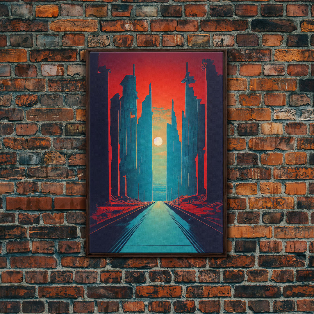 Brutalist Art Deco Dystopian City Art, Framed Canvas Print, Ready To Hang Framed Wall Art, Living Room Wall Decor