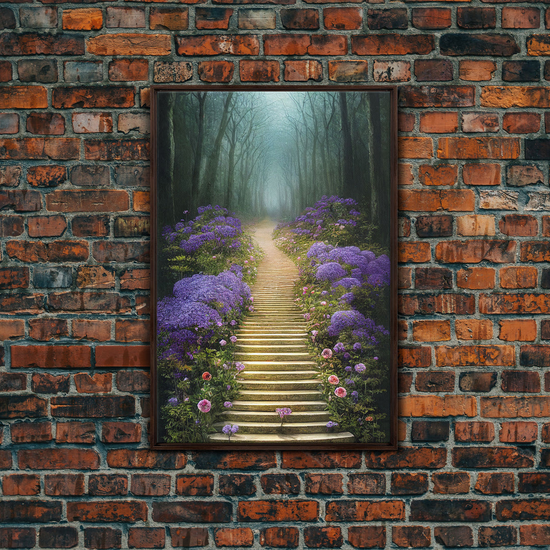 Lavender Lined Stairs Leading To The Haunted Forest, Fantasy Wall Art, framed canvas print, framed art