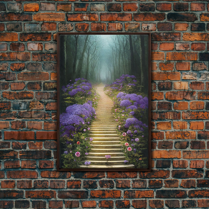 Lavender Lined Stairs Leading To The Haunted Forest, Fantasy Wall Art, framed canvas print, framed art