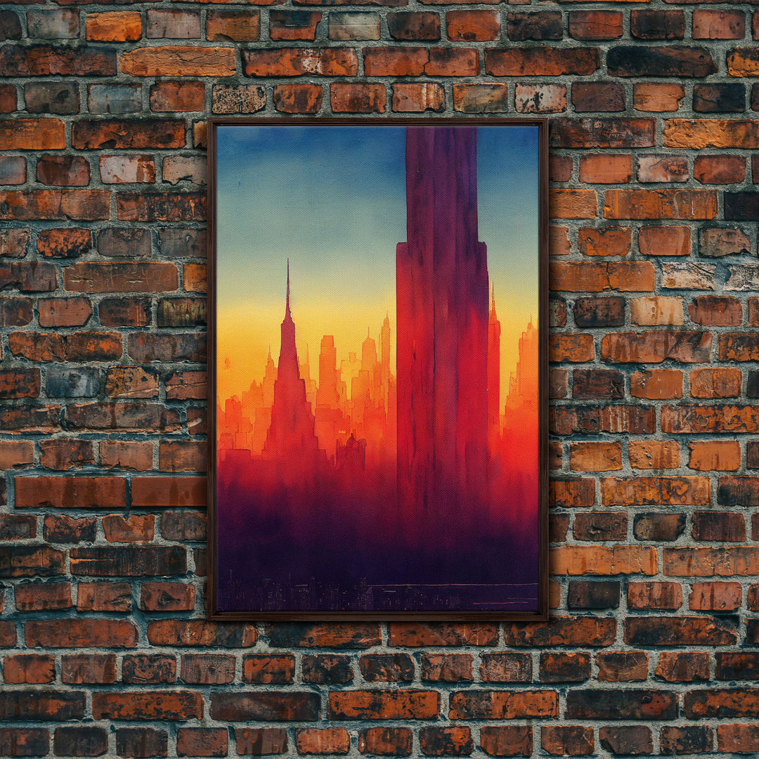 Chicago at sunset concept art, synthwave style, framed canvas print, ready to hang wall art with frame