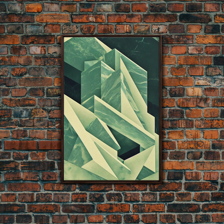 Cubism abstract geometric painting print, green marble shapes, framed canvas print