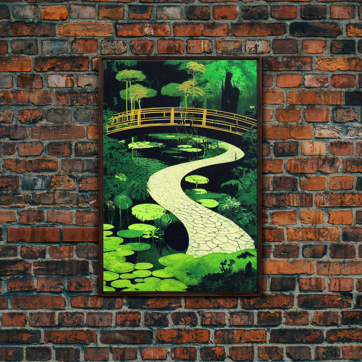 Emerald green Japanese zen garden art, framed canvas print, abstract art