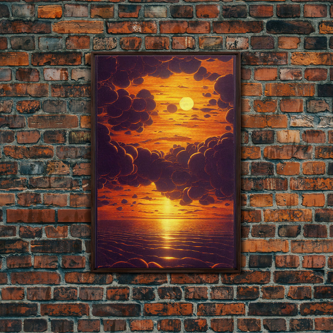 Orange Sunset, Psychedelic Sepia Sunset Art, Framed Canvas Print, Ready To Hang Framed Wall Art