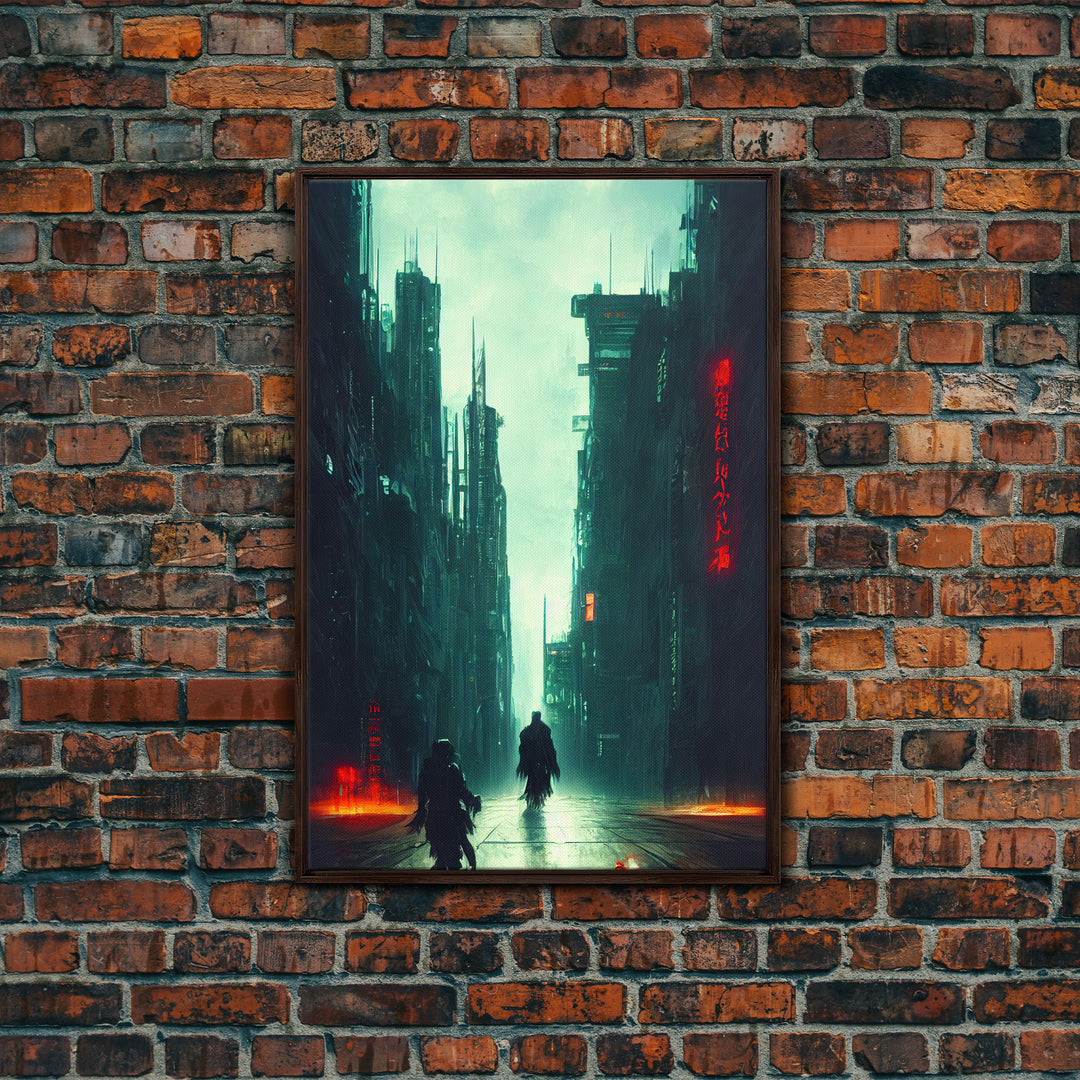 Cyberpunk Demon Art, Demon in the streets of Tokyo, Framed Canvas Print, Ready To Hang Framed Wall Art