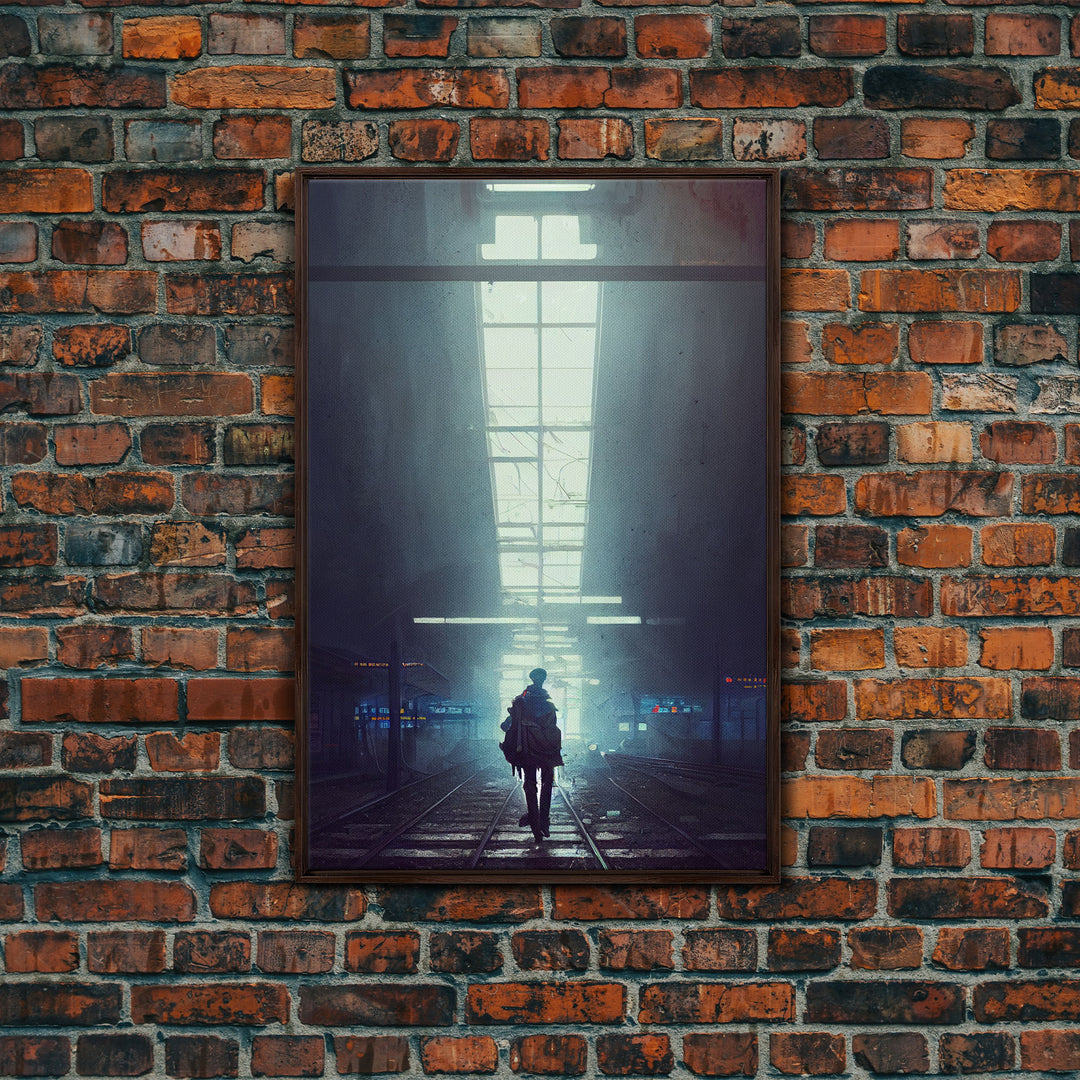 Cyberpunk Android In An Abandoned City, Dystopian Post Apocalyptic Art, Framed Canvas Print, Ready To Hang Framed Wall Art, Living Room