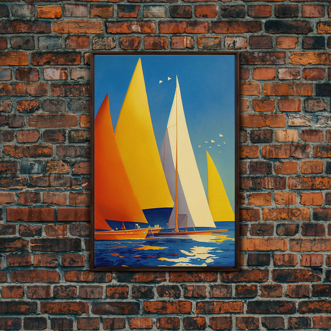 Golden Art Deco Sailboats in the Sun, Lakehouse Decor, Framed Canvas Print, Ready To Hang Framed Wall Art, Living Room Decor