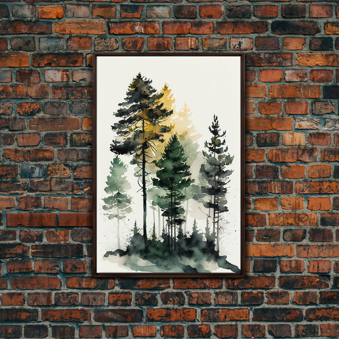 Watercolor pine tree forest, framed canvas print, cool wall art