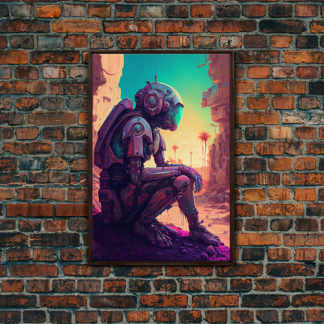 Android deep in thought, AI, fine art poster print