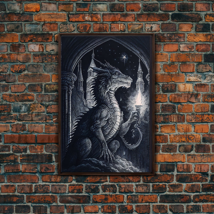 Dragon holding a torch, poster art, black and white dragon