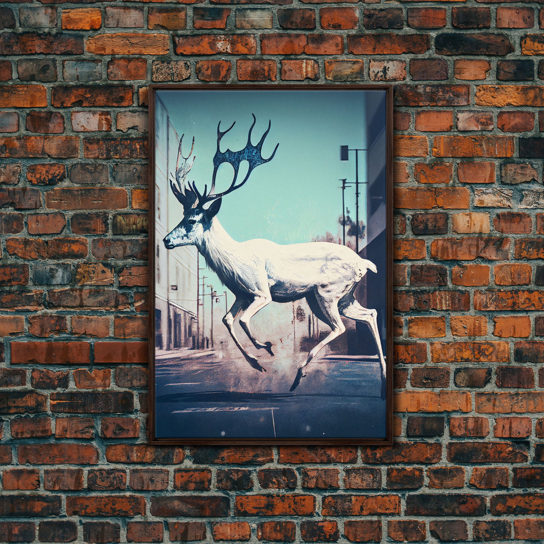 White stag in the city, post-apocalyptic urban decay art, framed canvas print