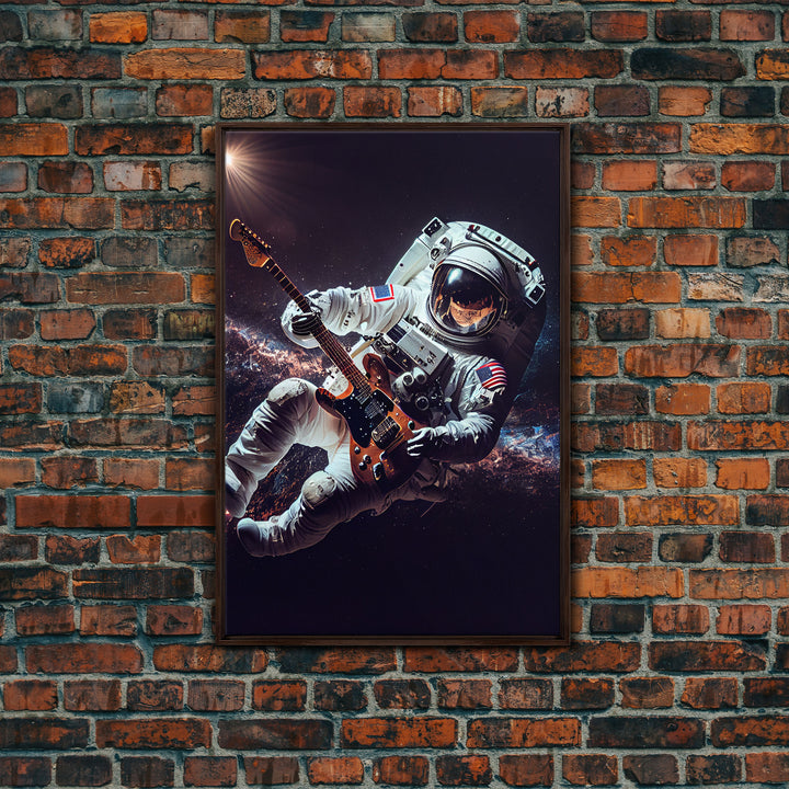 Space man jam, astronaut playing guitar in space, framed canvas print wall art