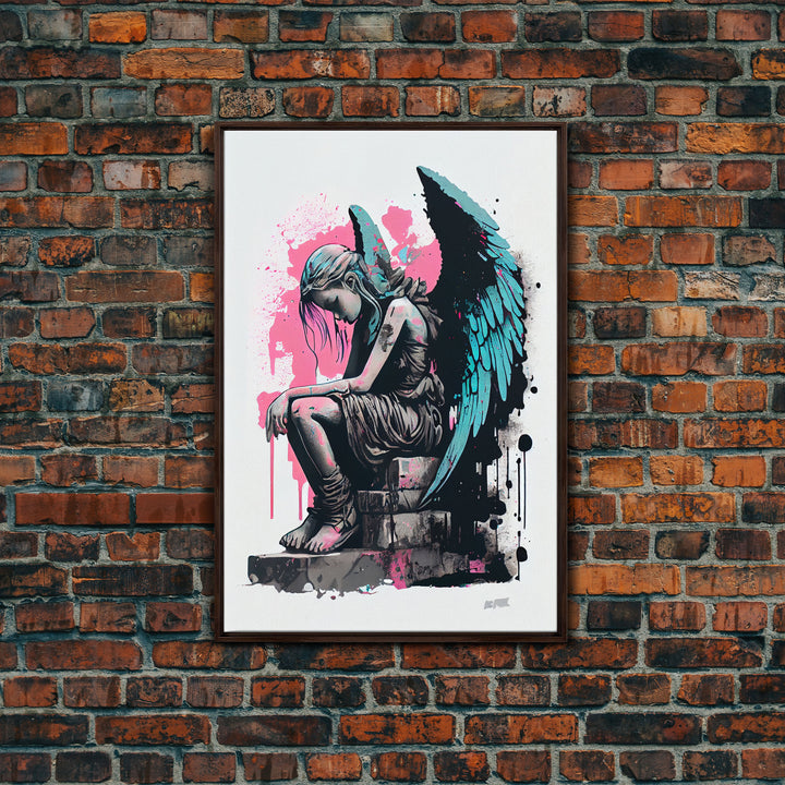 Sad angel graffiti art, street inspired art, framed canvas print, framed wall art