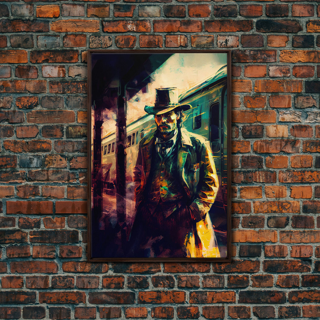 Cowboy waiting for the train, framed wall art, framed canvas print