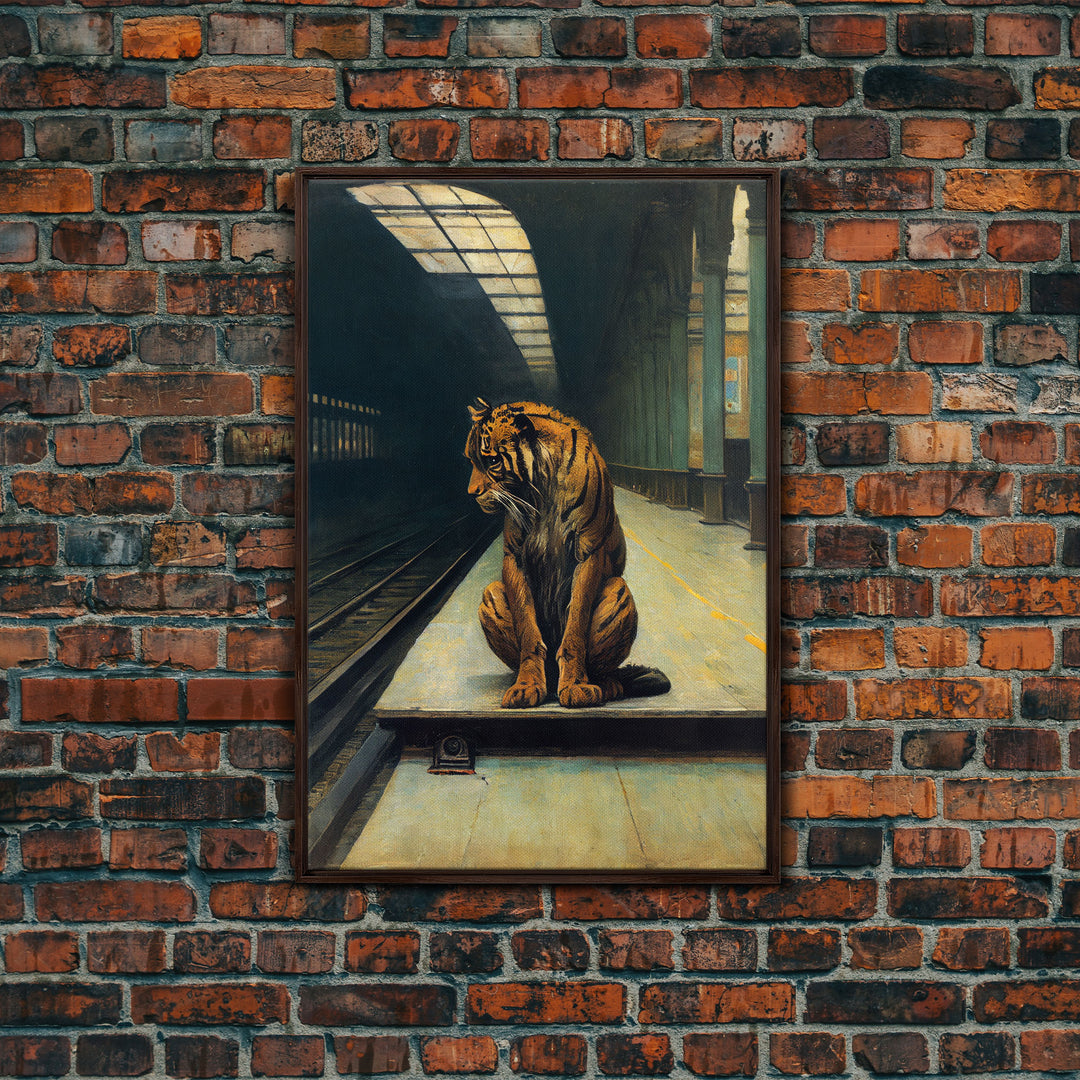 Tiger in a subway, urban decay, nature, framed canvas print, framed wall art