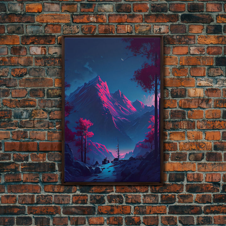 Vaporwave mountain landscape, pink and purple mountain art, framed canvas print