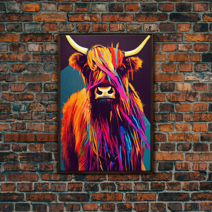 Colorful farmhouse art, Highland cow, Scotland cattle, framed canvas print