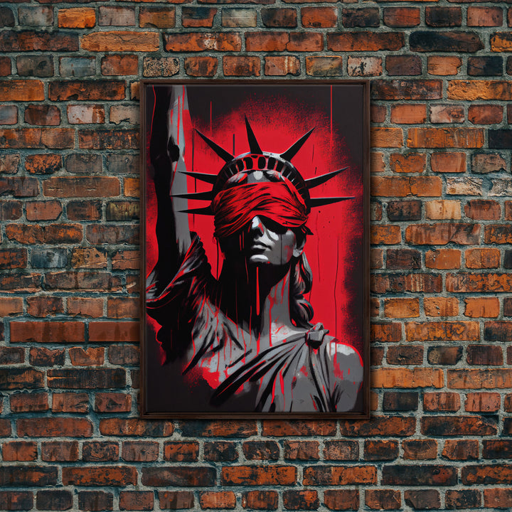 Blindfolded Statue of Liberty Graffiti art, framed canvas print, dystopian art