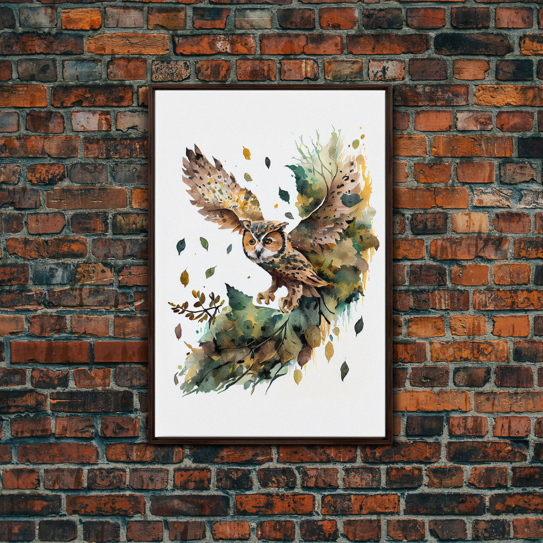 Watercolor of an owl in flight, owl portrait, framed canvas print, cool nature wall art