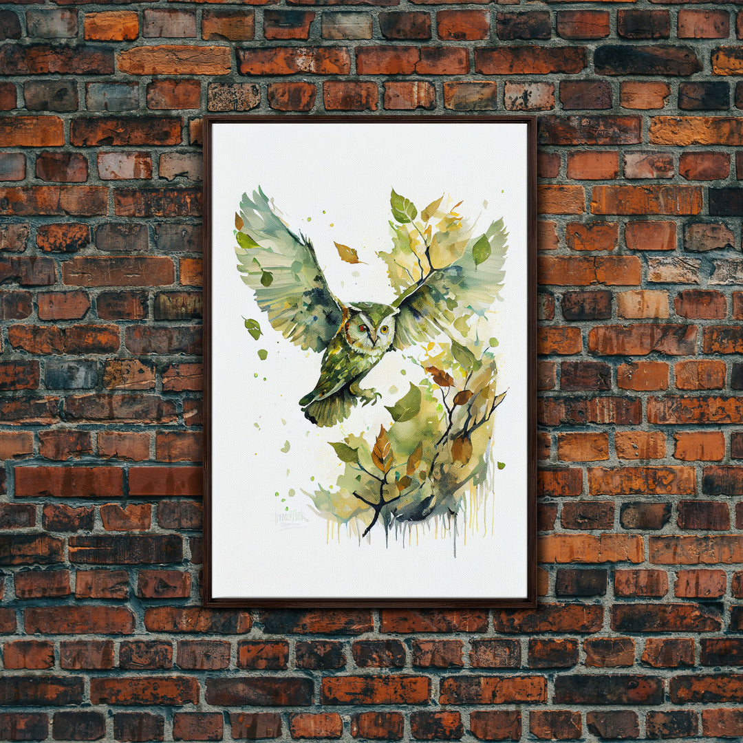 Watercolor of an owl in flight, owl painting print, framed canvas print, cool nature wall art, watercolor