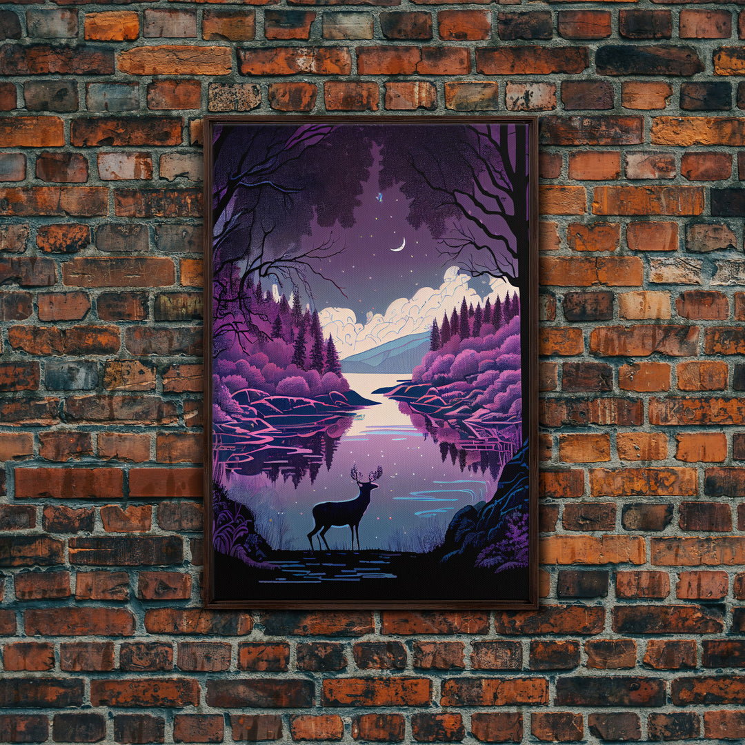 Mystical Deer Purple Forest Lake Wall Art Canvas Print - Serene Nature Scene Vibrant Artwork