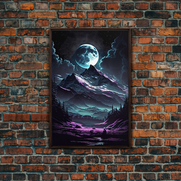 Mythical mountains fantasy art, framed canvas print, full moon over a mystical mountain landscape