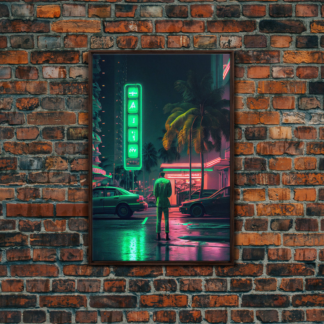 Neon Tokyo Streets, 80s Retro Style Tokyo Art, Framed Canvas Print