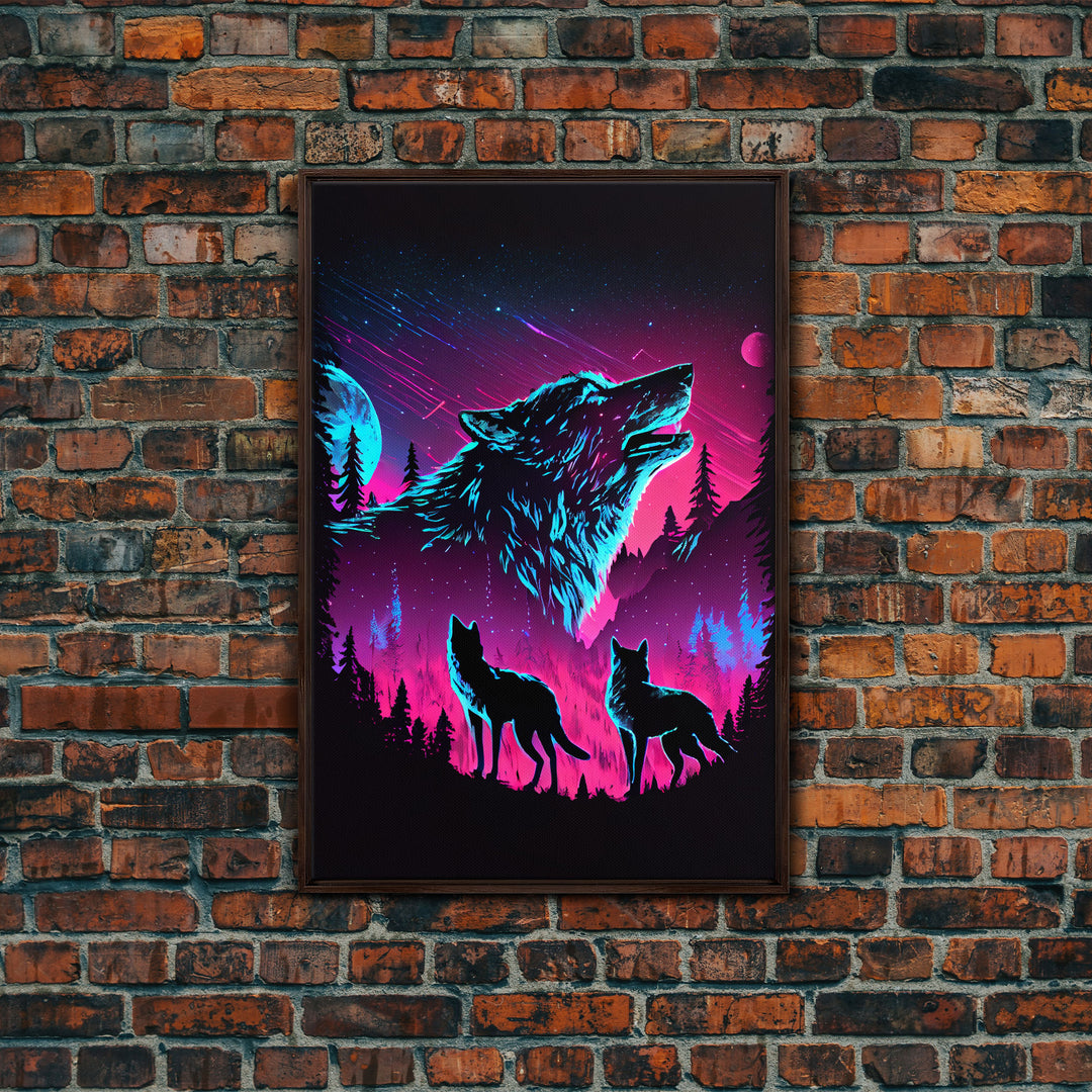 Wolves Howling at the moon, 3 wolf moon, framed canvas print, vaporwave art, Animal art, predator art