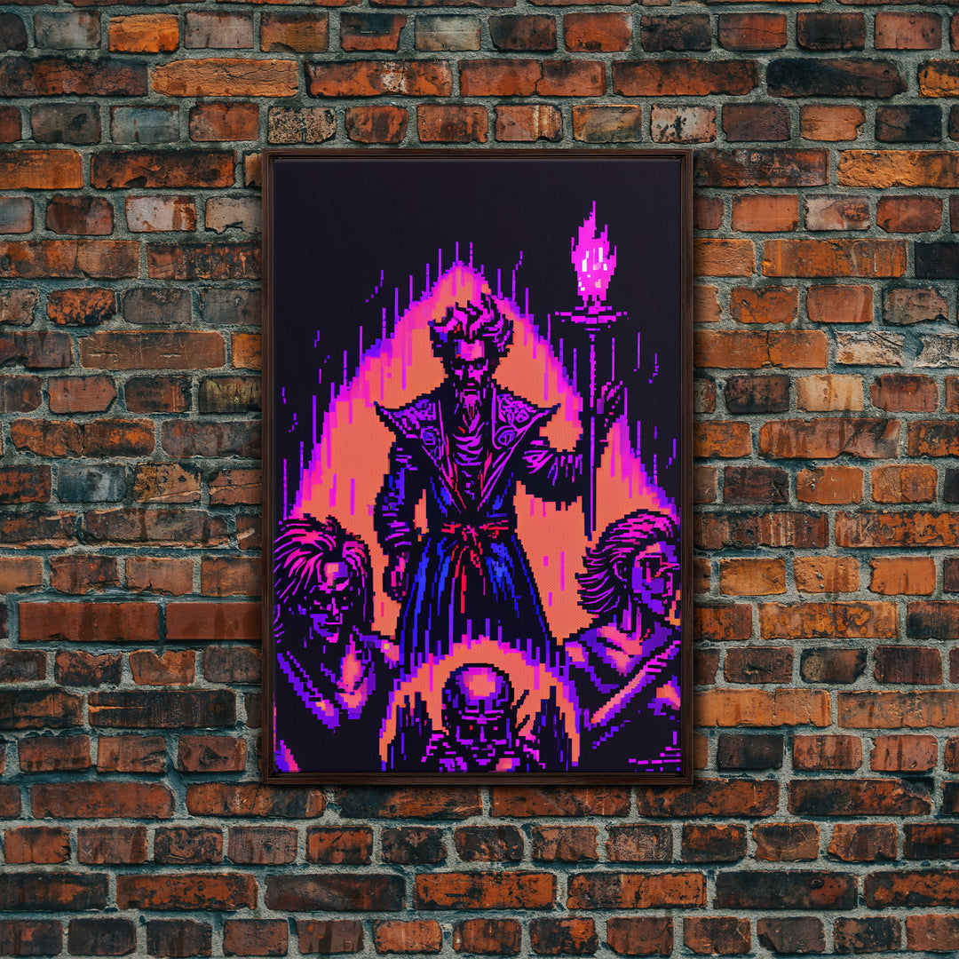 Tabletop RPG pixel art, Human Warlock Art, framed canvas print, framed game room decor