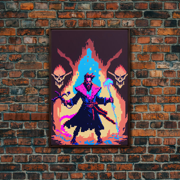 Tabletop RPG pixel art, Human Necromancer Art, framed canvas print, framed game room decor