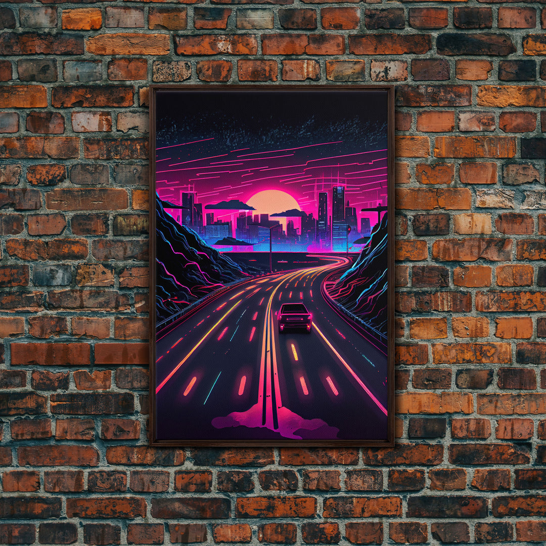 The Drive, Retrowave Outrun Style City Skyline Sunset, 80s Vibes, Framed Canvas Print