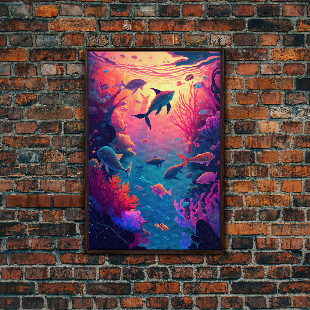 80s Vibe Under The Sea Coral Reef Art, framed canvas print, fish and reef art