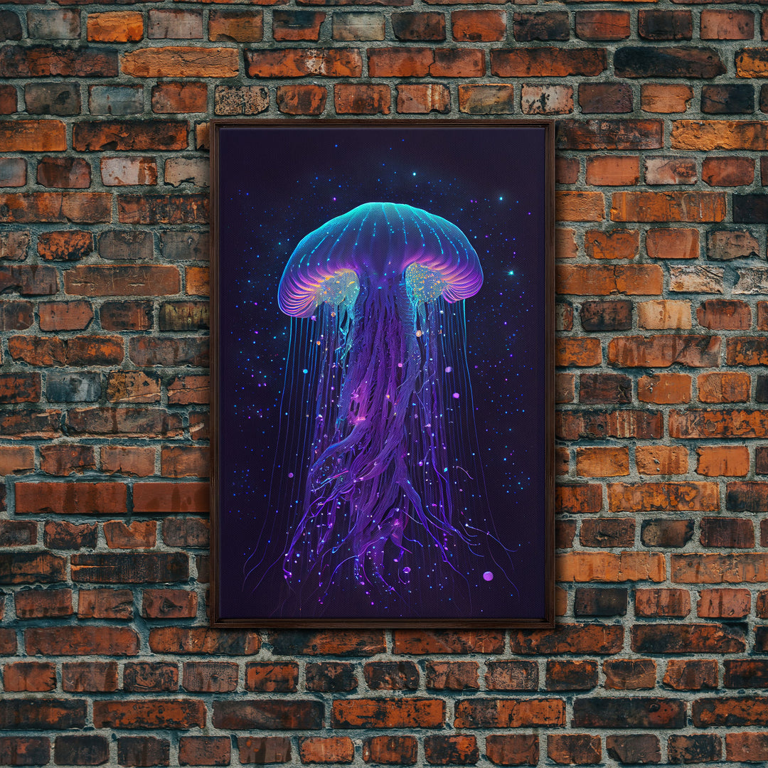 Bioluminescent Jellyfish against a Starry night sky, Cosmic Jelly Fish, Framed Canvas Print, synthwave style art