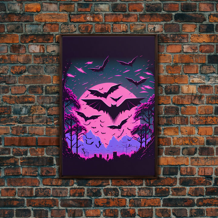 Vampire Bat Art, Horror, framed canvas print, bats in flight over a pink full moon, Halloween Decor, Halloween Wall Art