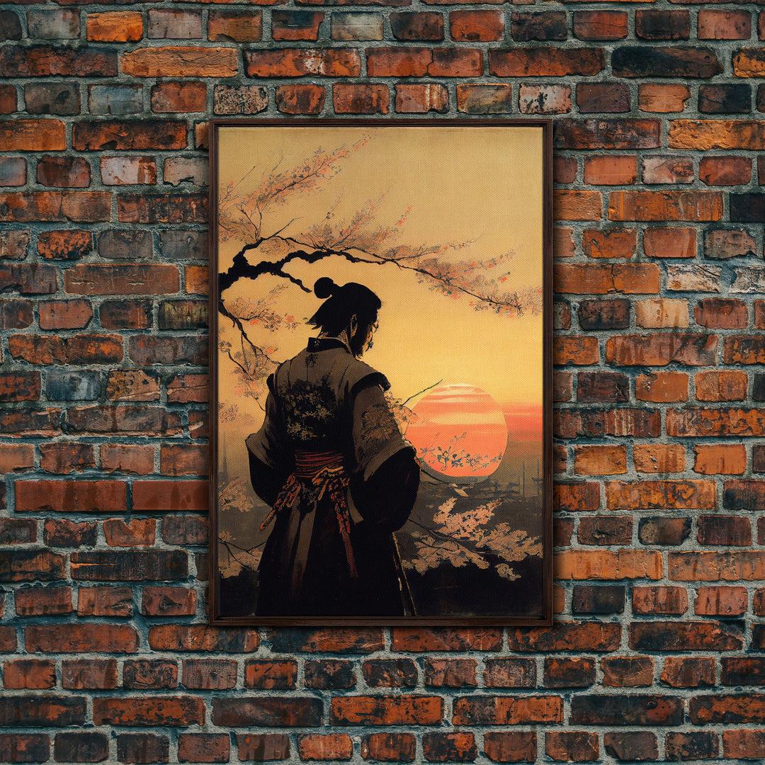 Watercolor of a Samurai observing a sunset, Framed Canvas Print, unique wall art