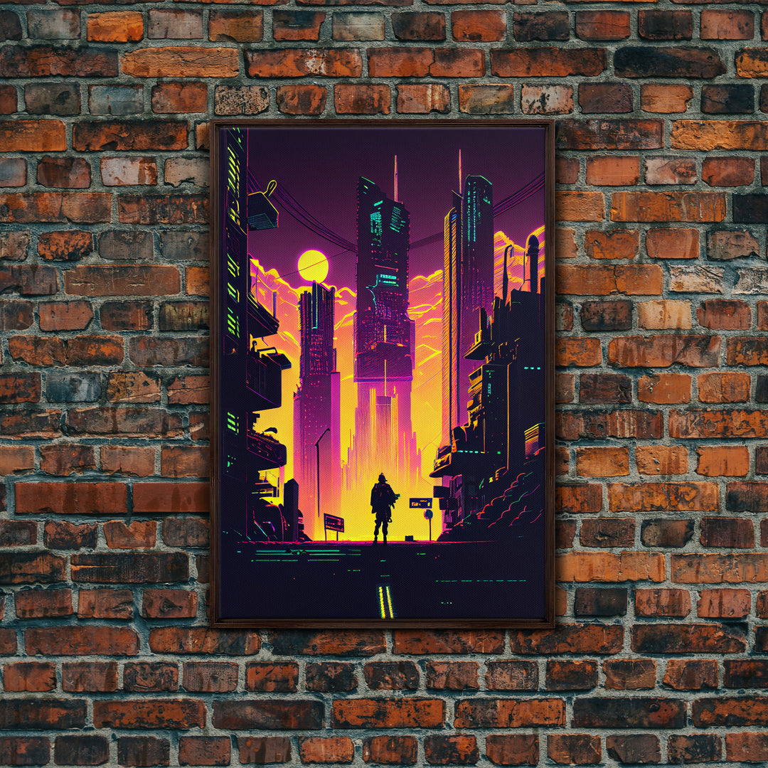 Cyberpunk art, Retrowave style dystopian cityscape art, game room art, framed canvas print, retro wave city skyline