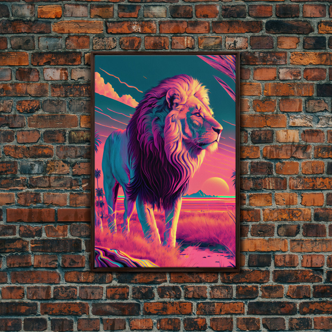 Retro style pastel art, watercolor painting of a lion, framed canvas print, vaporwave aesthetic animal print