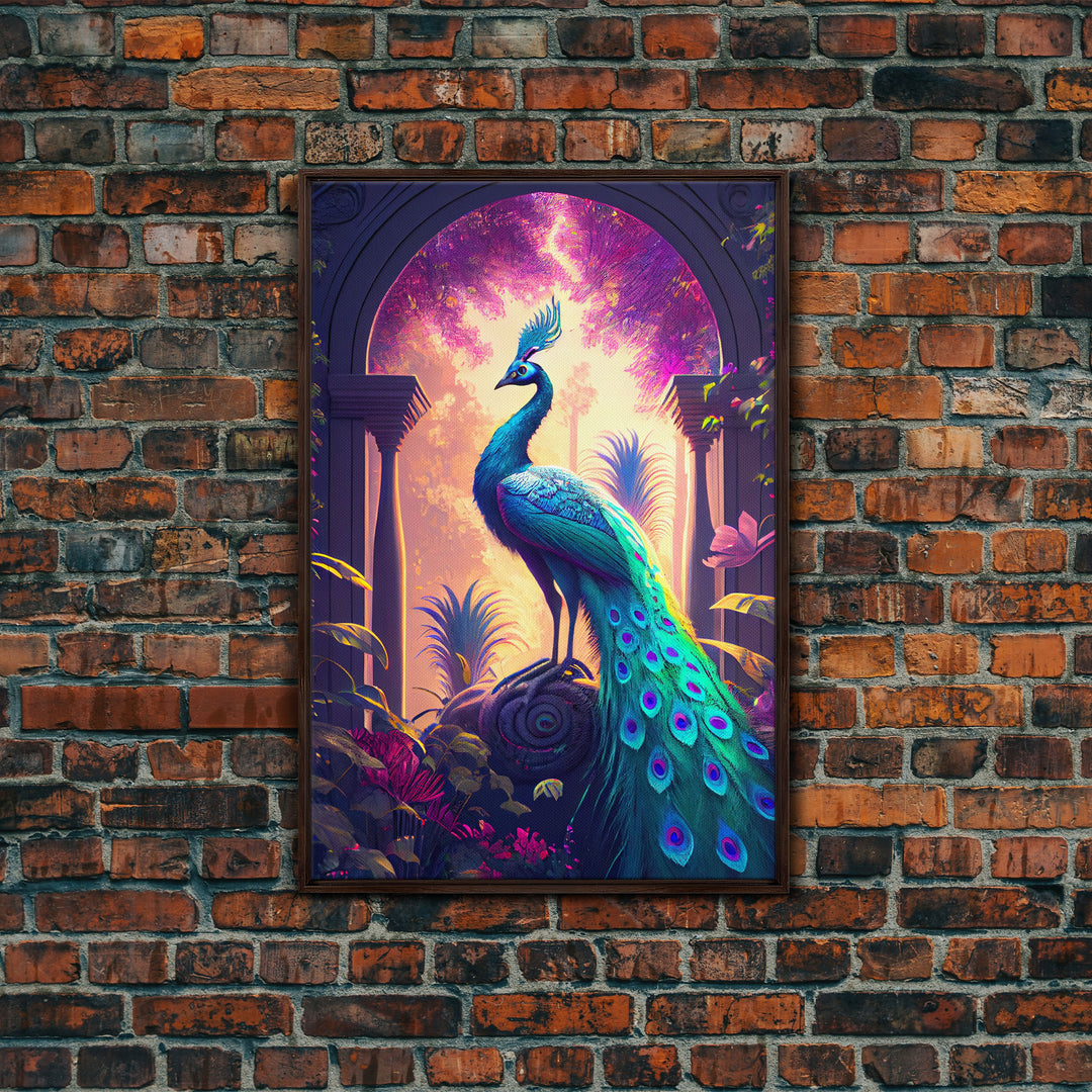 Turquoise peacock art, fantasy decor, framed canvas print