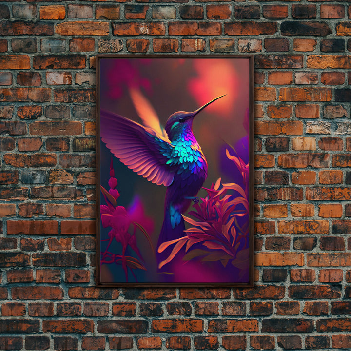 Hummingbird in flight, cute animal print, framed canvas print, colorful retro wave style art